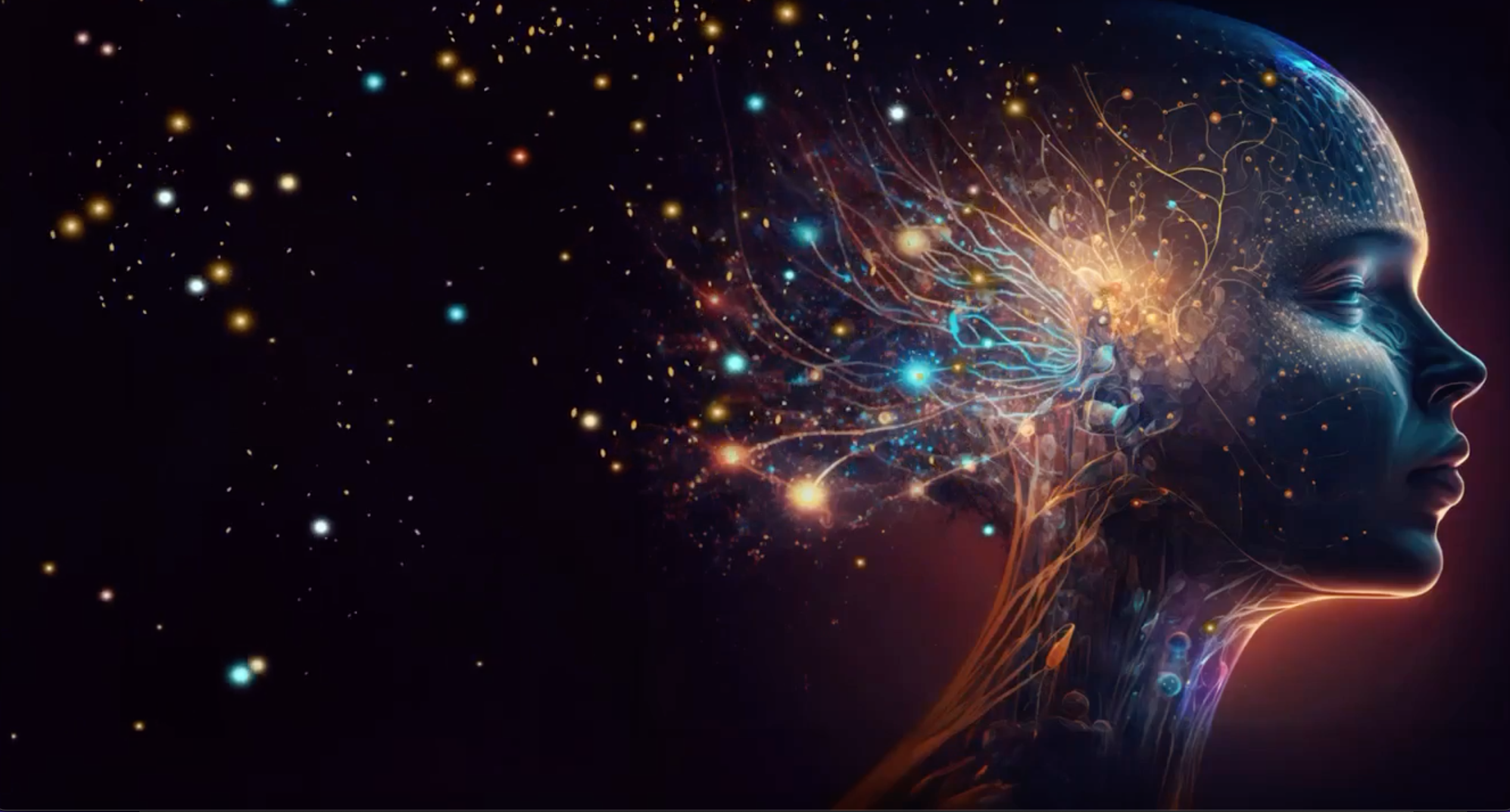 A digital artwork that links to the official psi games website depicting the right profile of a human silhouette against a dark, cosmic background. The head and neck are filled with intricate, glowing patterns resembling neural networks or root systems in vibrant shades of gold, blue, and orange. From the back of the head, a burst of light dissolves into a scattering of luminous, multicolored particles and sparks that drift across the left side of the frame. The overall mood is ethereal, symbolic of consciousness, thought, or mental energy.